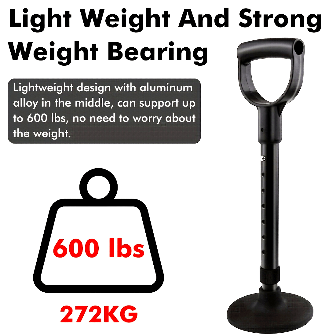 1pc Adjustable Metal Standing Aid Support Bar - Portable Lift Assist Tool with 7 Height Levels, Non-Slip Rubber Base & Firm Handle, Black Aluminum Mobility Aid for Easy Floor Rising & Gardening Assistance