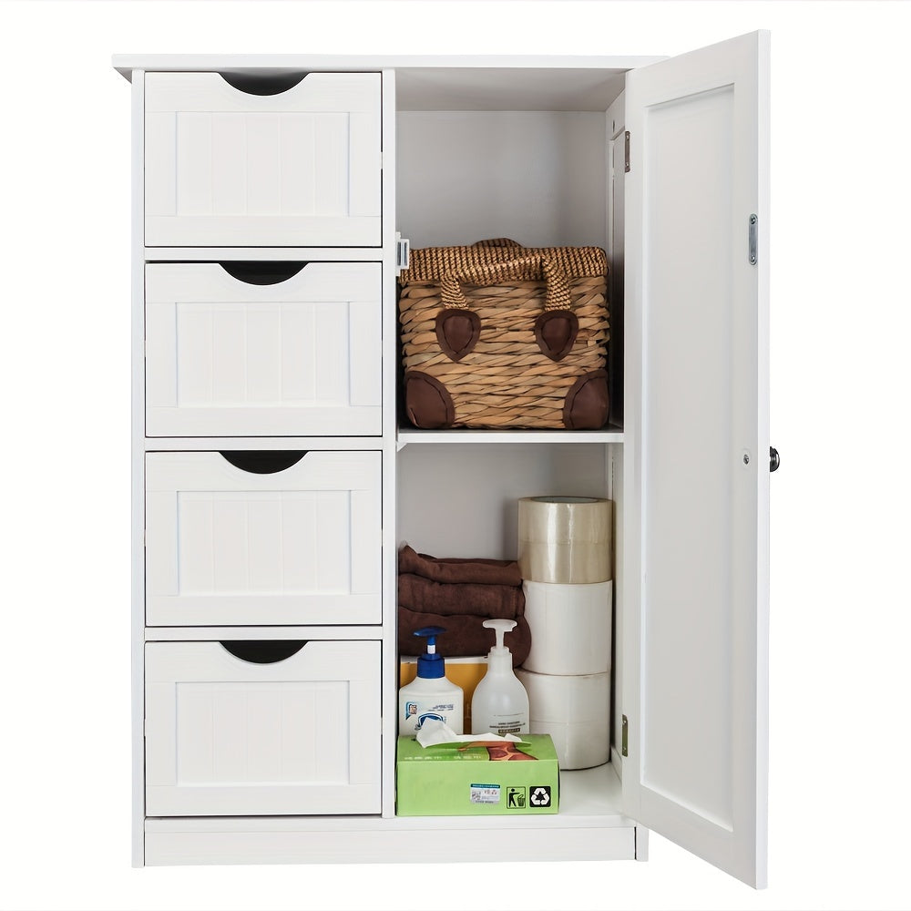 White Bathroom Storage Cabinet With Single Door And 4 Drawers