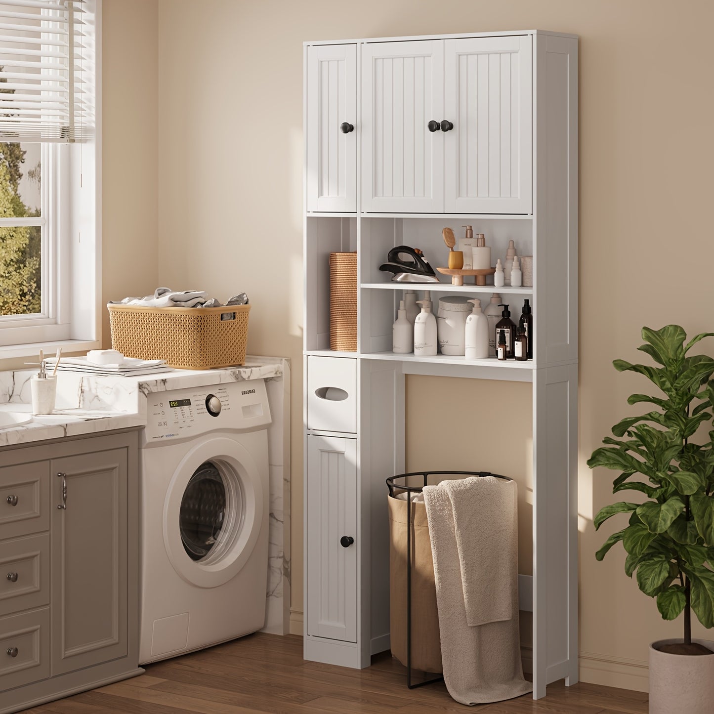 Over The Toilet Storage Cabinet With Adjustable Shelves 5 Doors Bathroom White