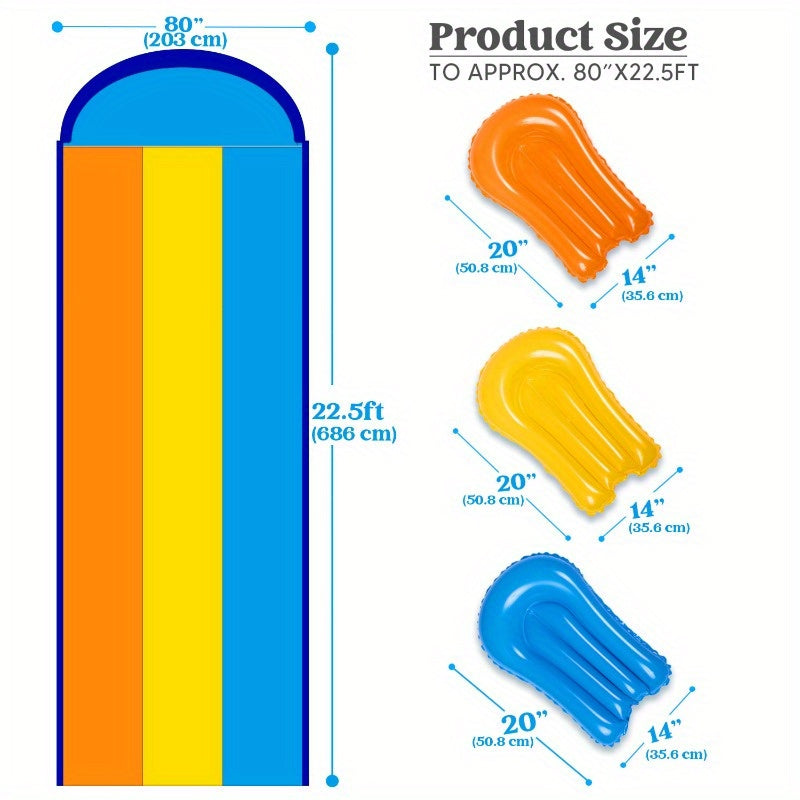 JOYFY Triple Water Slide with 3 BodyBoards, 22.5ft Lawn Water Splash Slip And Slide Summer Toy Splash Pad with Build In Advanced Sprinkler for Kids Adults Backyard Summer Fun Party Games & Activities