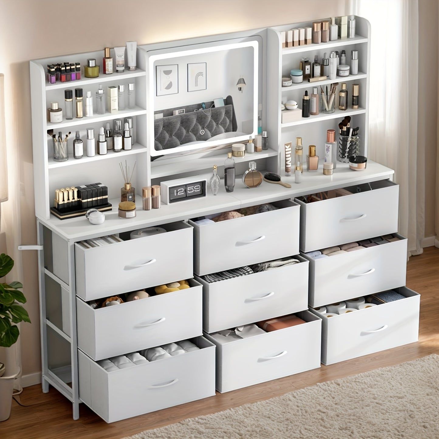 Makeup Vanity With Mirror 9 Fabric Drawers 8 Shelves 3 Lighting Colors White