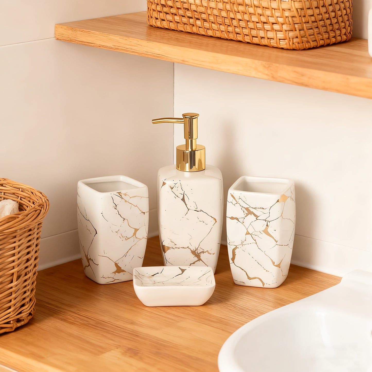 Four Piece Modern Minimalist Ceramic Bathroom Set Lotion Dispenser And Tumbler