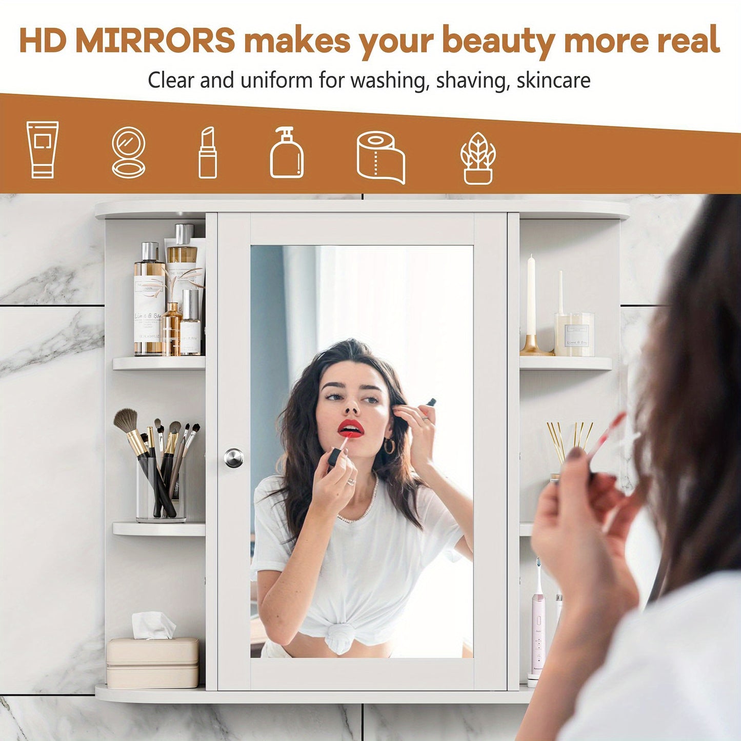 White Bathroom Wall Mount Medicine Cabinet With Mirror And Six Side Open Shelves
