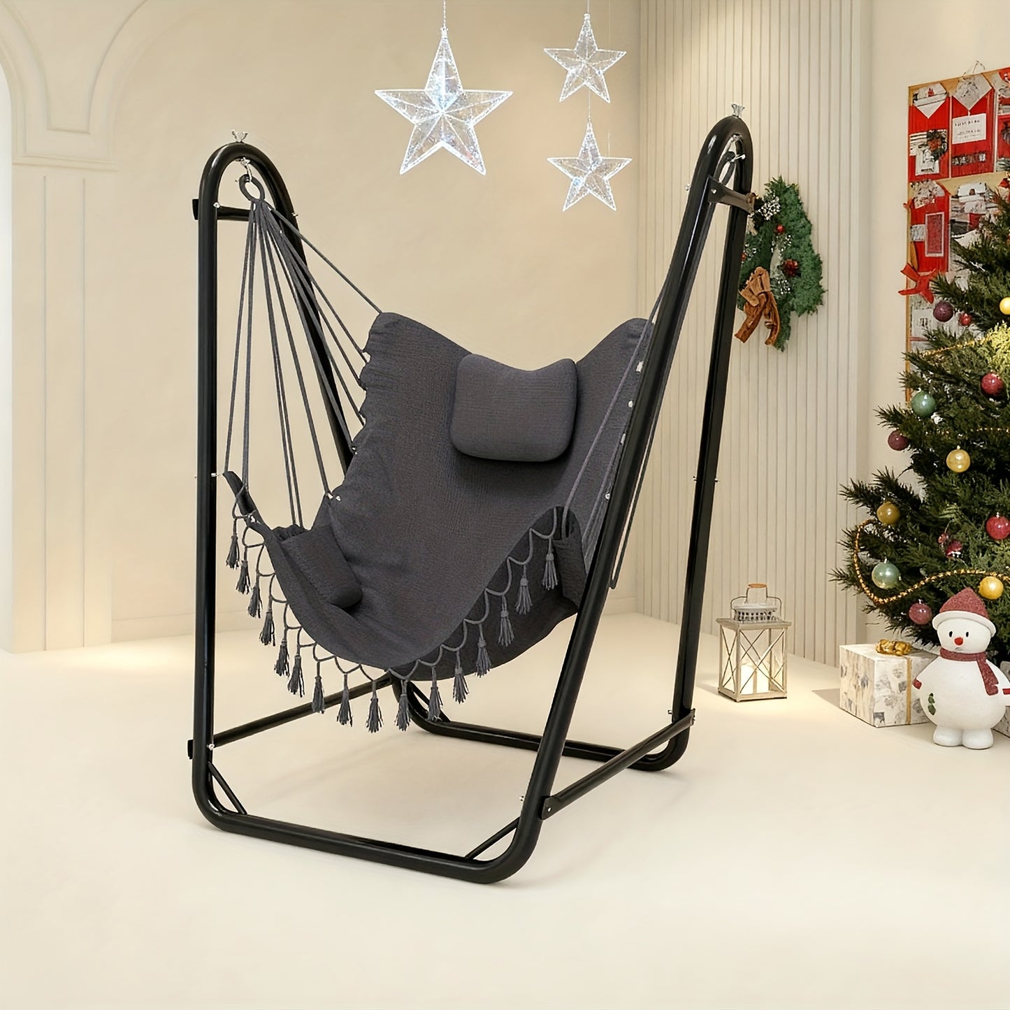 Hanging Lounge Chair With Side Pocket Double Tube Outdoor U Shaped Stand 350 Lbs