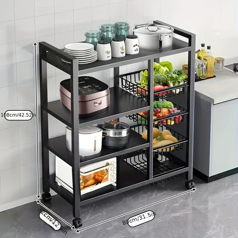 Movable 4-Tier Adjustable Kitchen Storage Rack With Wheels And Wire Baskets