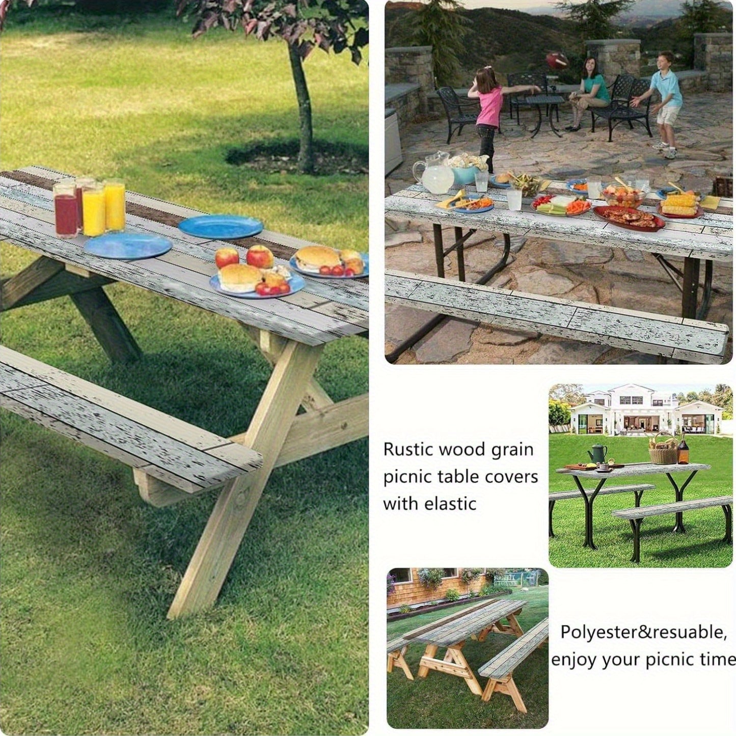 [3pcs Picnic Table Covers] 3pcs Elastic Fit Rectangular Polyester Picnic Table Covers | Blue, White, and Gray Tablecloths for Outdoor Camping and Farmhouse Style | Durable Tablecloth, Outdoor Dining Cover