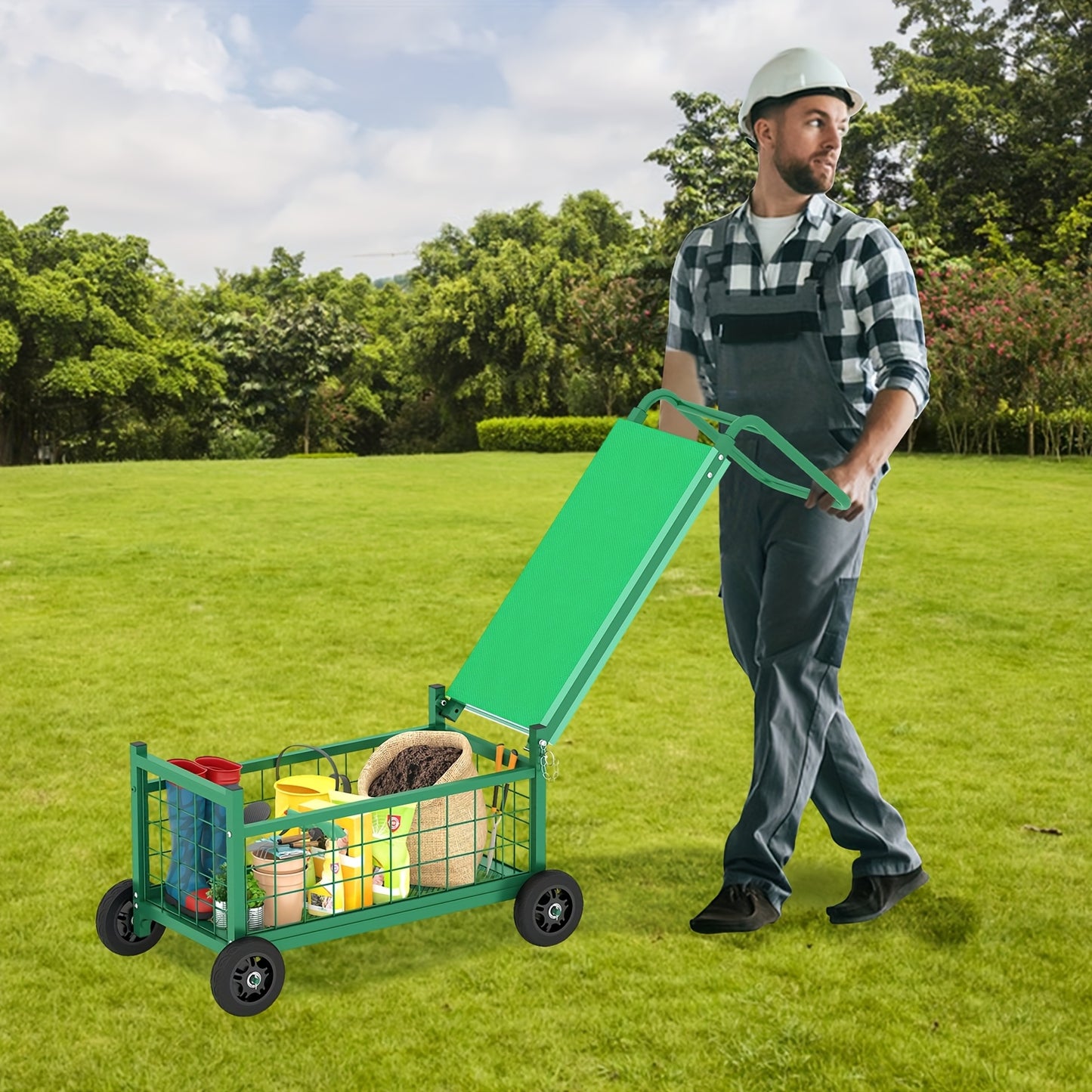 Heavy Duty Rolling Garden Seat Cart With Dual Position Seat And Storage Basket