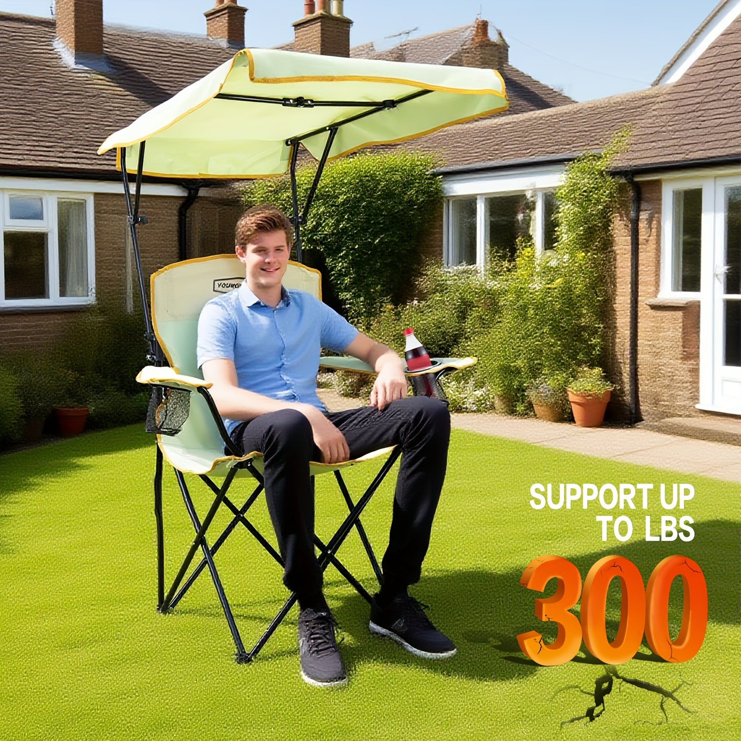 Foldable Portable Outdoor Chair With Shade Canopy And Side Pocket For Camping