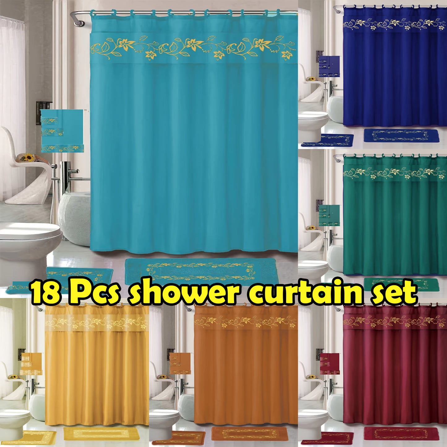 Shower Curtain Set With Embroidery And Non Slip Bath Rug Mats 3 Piece Towel Set
