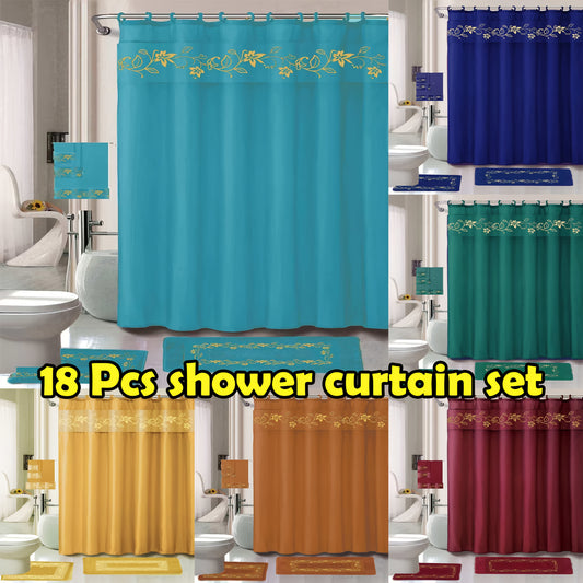 Shower Curtain Set With Embroidery And Non Slip Bath Rug Mats 3 Piece Towel Set