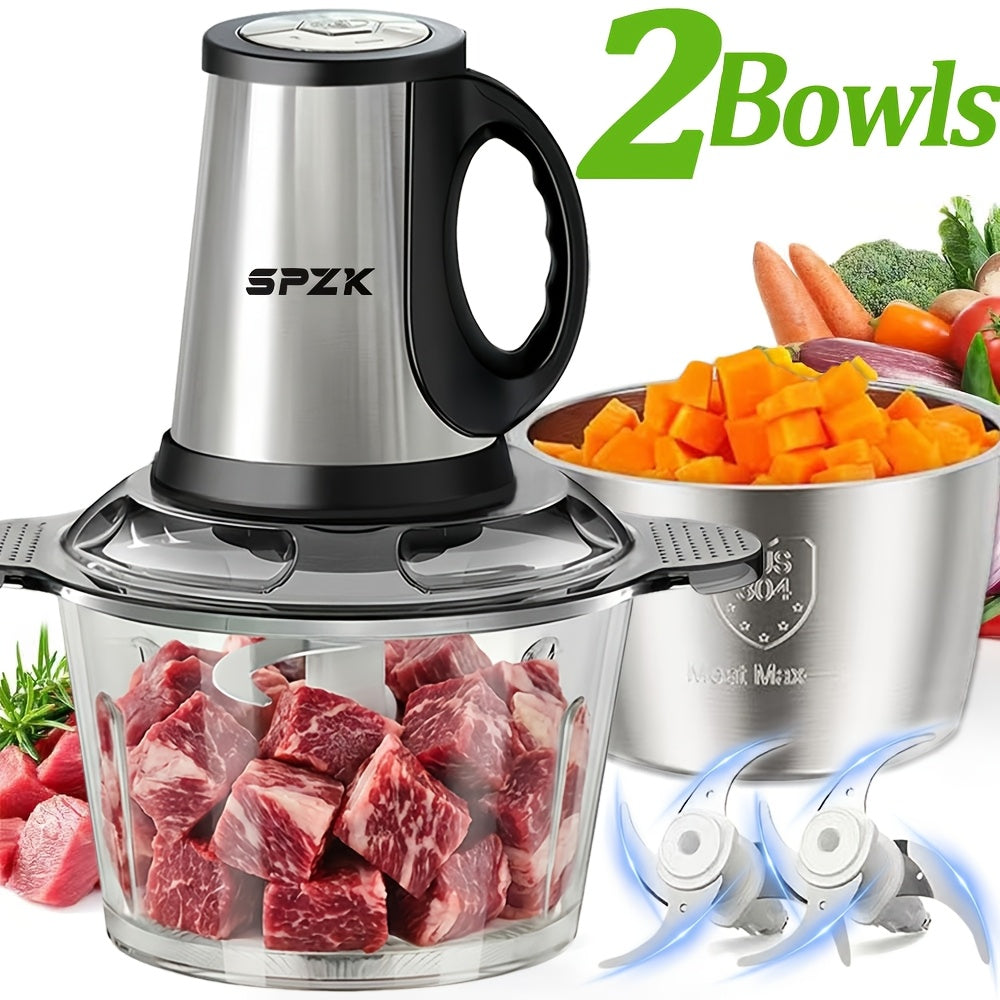 Stainless Steel Electric Food Chopper Meat Grinder With 2 Bowls 2 Blades