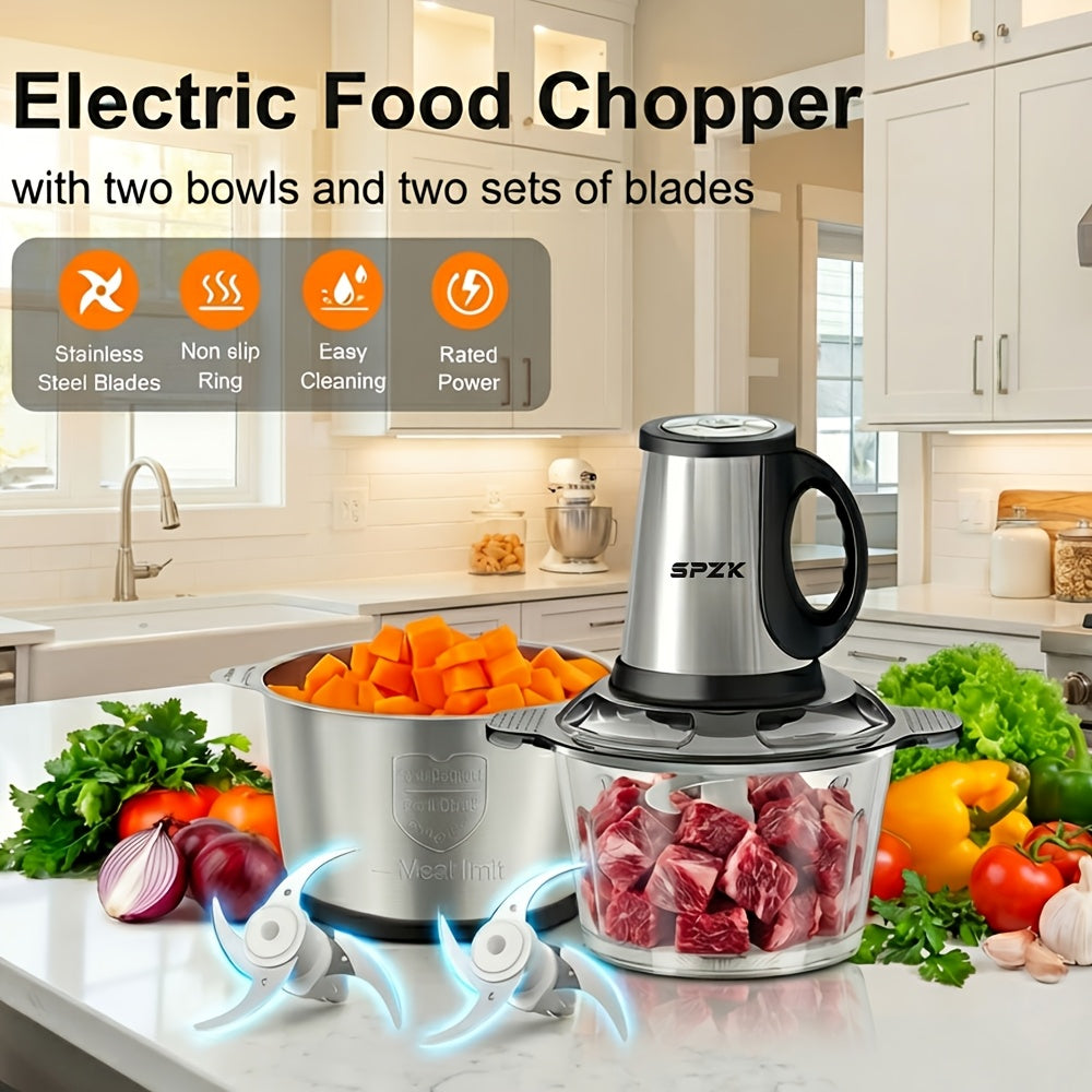 Stainless Steel Electric Food Chopper Meat Grinder With 2 Bowls 2 Blades