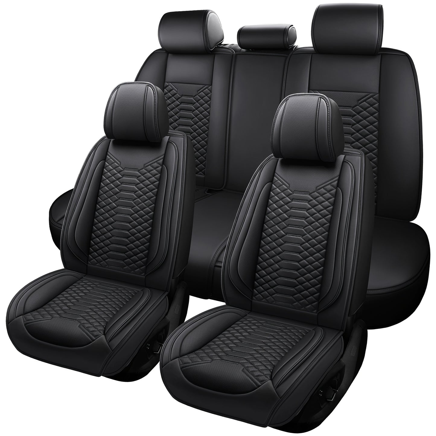 5 Seat Nappa Leather Breathable Perforated Air Hole Universal Car Seat Covers Full Set Full Surrounded Front Back Side Cushion Protector Fit for Most Cars SUV Truck Sedan