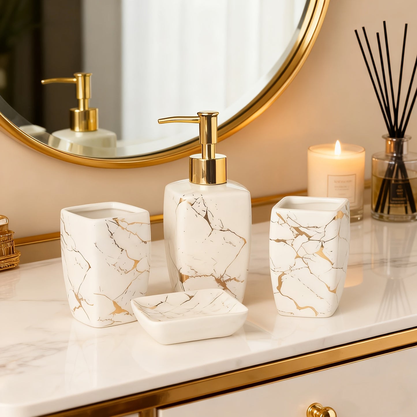 Four Piece Modern Minimalist Ceramic Bathroom Set Lotion Dispenser And Tumbler