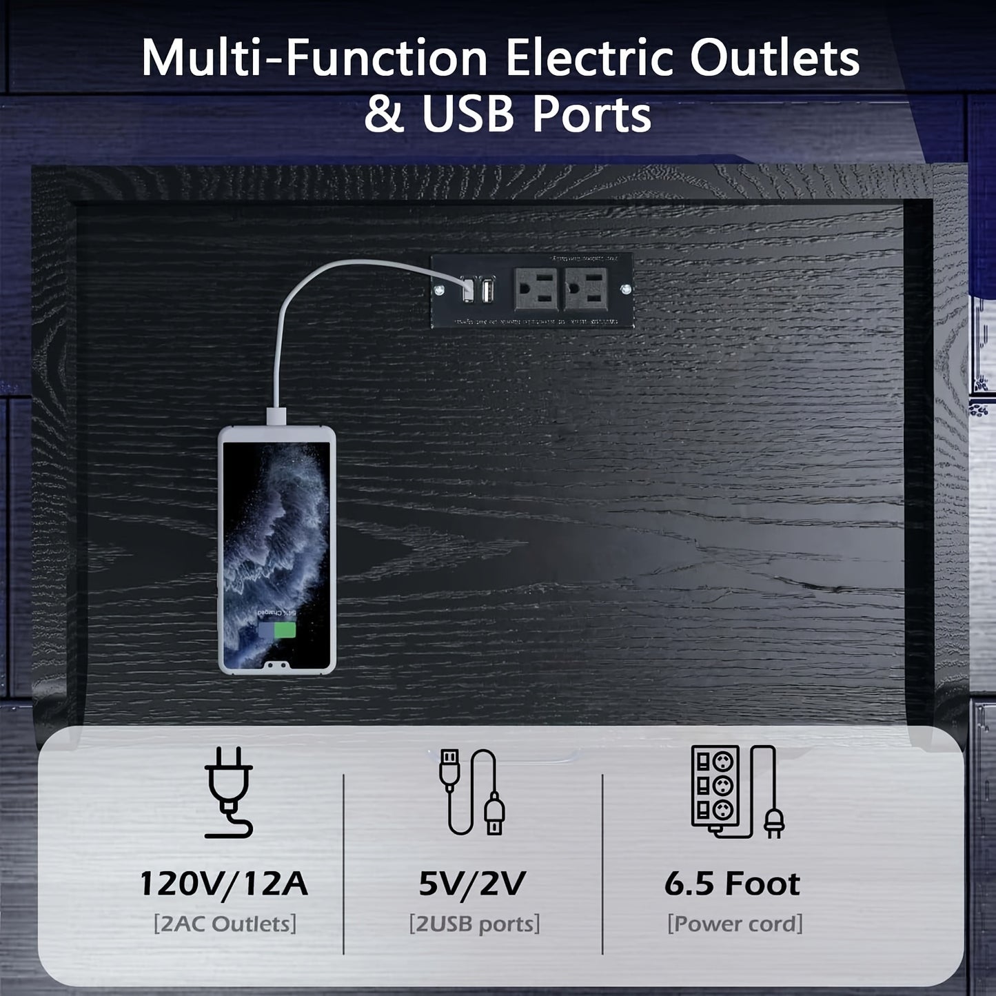 Nightstand With Charging Station And LED Lights Modern End Table With 2 Drawers