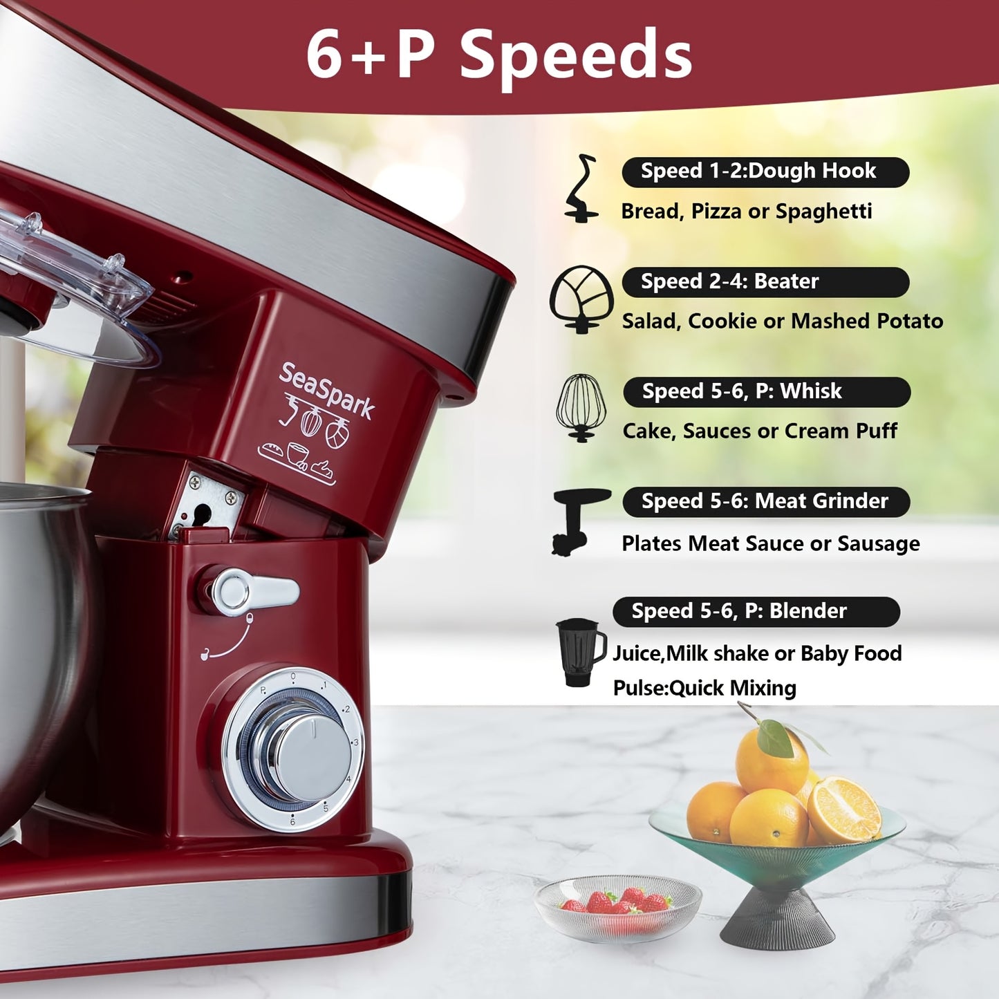 6-in-1 Electric Vertical Mixer, 400W 6-speed with Pulse Button, Accessories with 6.3QT Stainless Steel Bowl, Mixer, Dough Hook, Egg Beater, Spatula, Juicer Accessories, Meat Grinder Accessories and Noodle Pressing Accessories