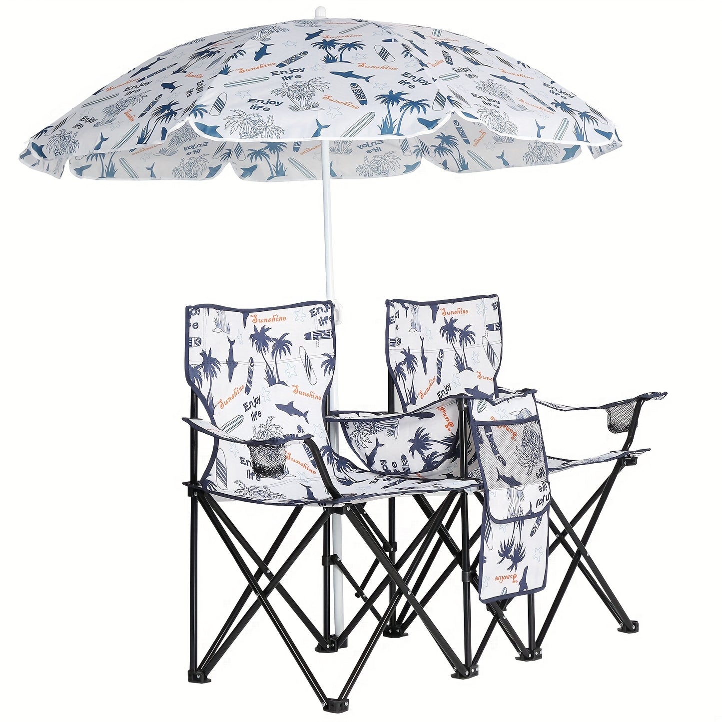 Outdoor Folding Chair 2 Seat Portable With Removable Sun Umbrella Blue