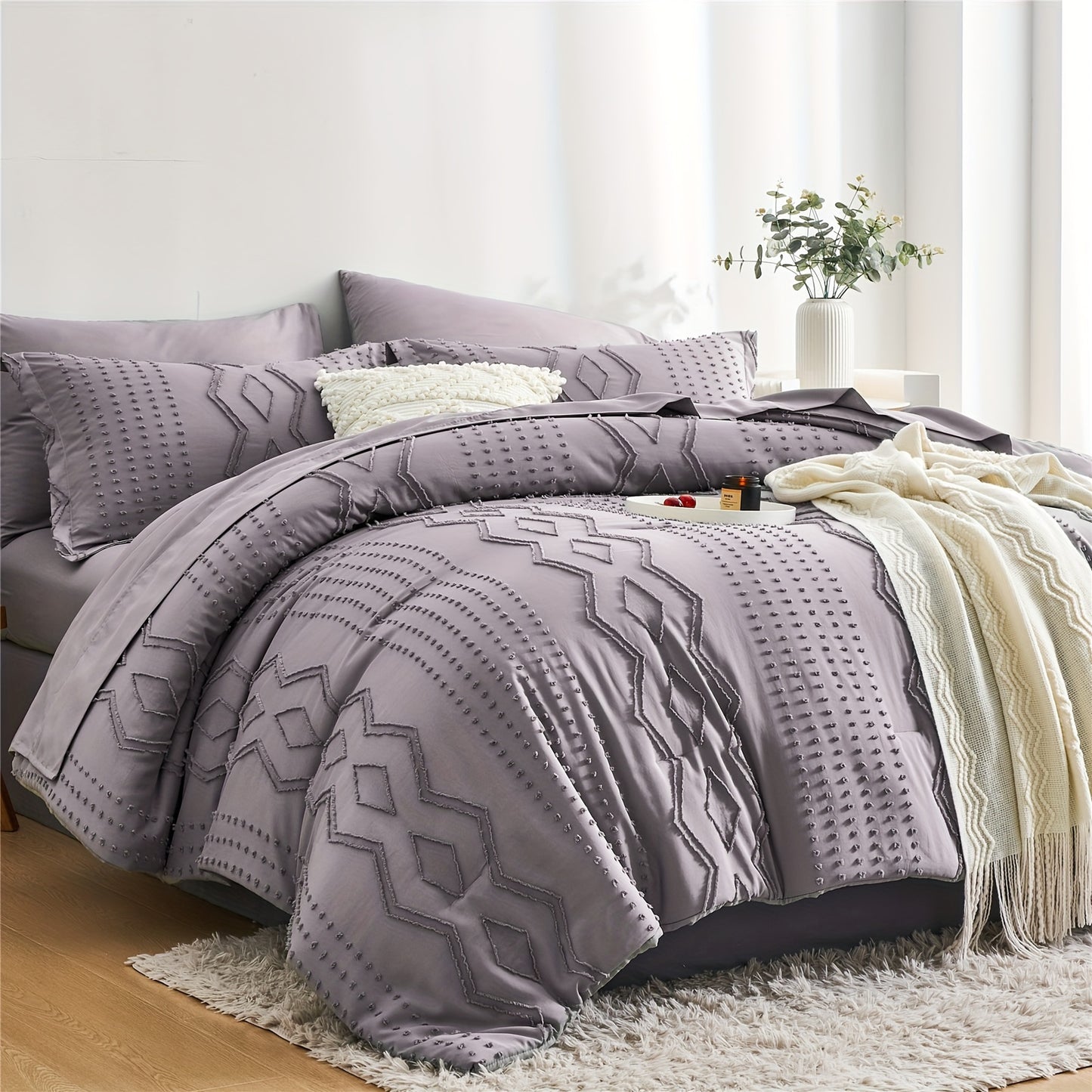 Boho Microfiber Comforter Set All Season Geometric Tufted Bedding In A Bag