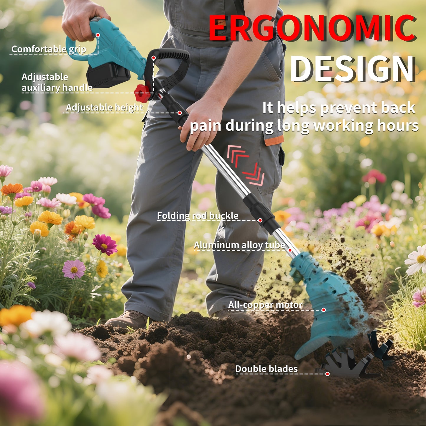 21V Cordless Tiller And Garden Scarifier 270 RPM With 2 Batteries And Charger