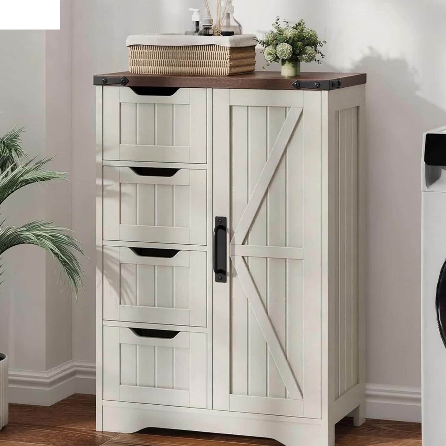 Farmhouse White Bathroom Storage Cabinet Freestanding With 4 Drawers And 1 Door