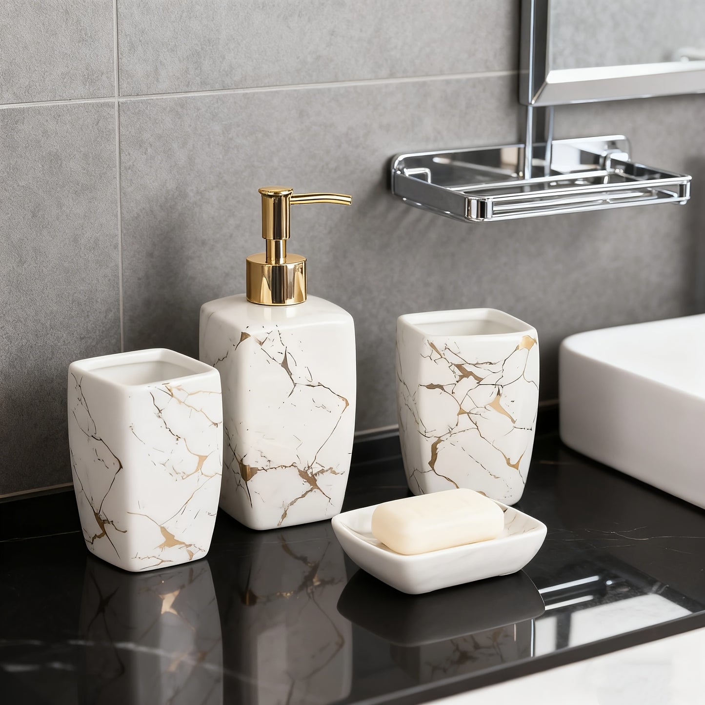 Four Piece Modern Minimalist Ceramic Bathroom Set Lotion Dispenser And Tumbler