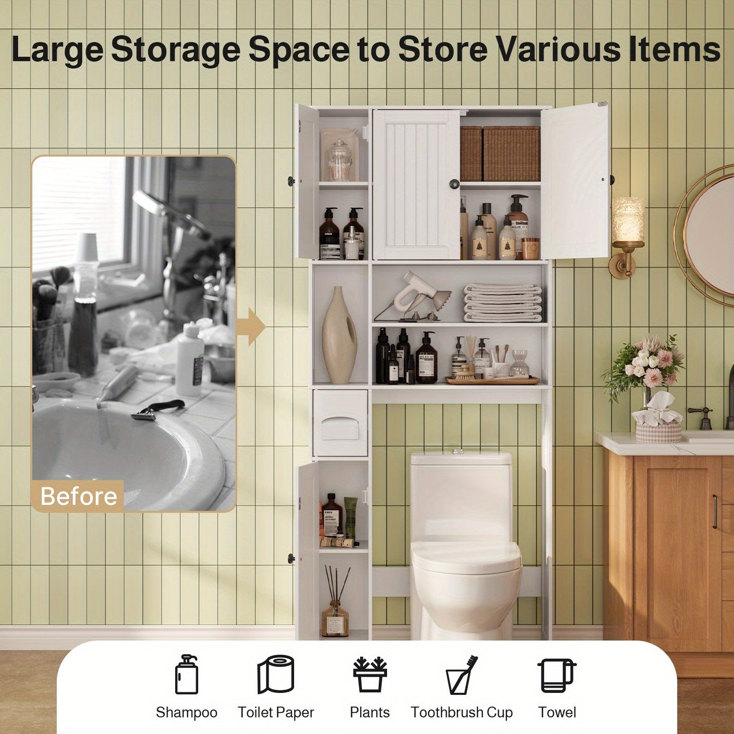 Over The Toilet Storage Cabinet With Adjustable Shelves 5 Doors Bathroom White