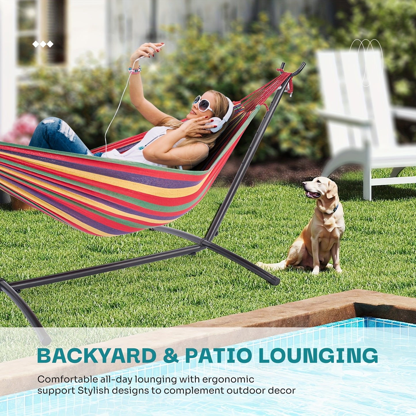 Double Hammock With Space Saving Stand Colorful Stripes 450lbs Capacity Portable