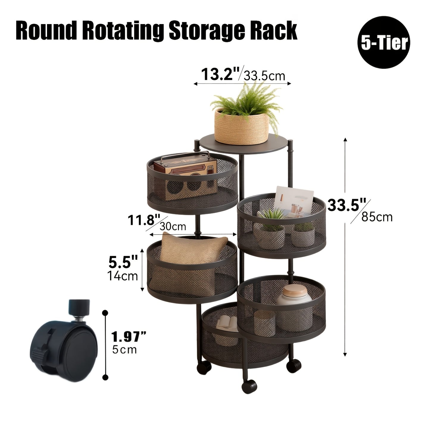 5 Tier Rotating Storage Shelf With Rolling Baskets Metal Mobile Bookcase Office