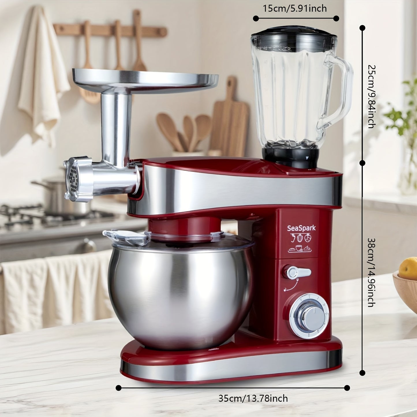 6-in-1 Electric Vertical Mixer, 400W 6-speed with Pulse Button, Accessories with 6.3QT Stainless Steel Bowl, Mixer, Dough Hook, Egg Beater, Spatula, Juicer Accessories, Meat Grinder Accessories and Noodle Pressing Accessories