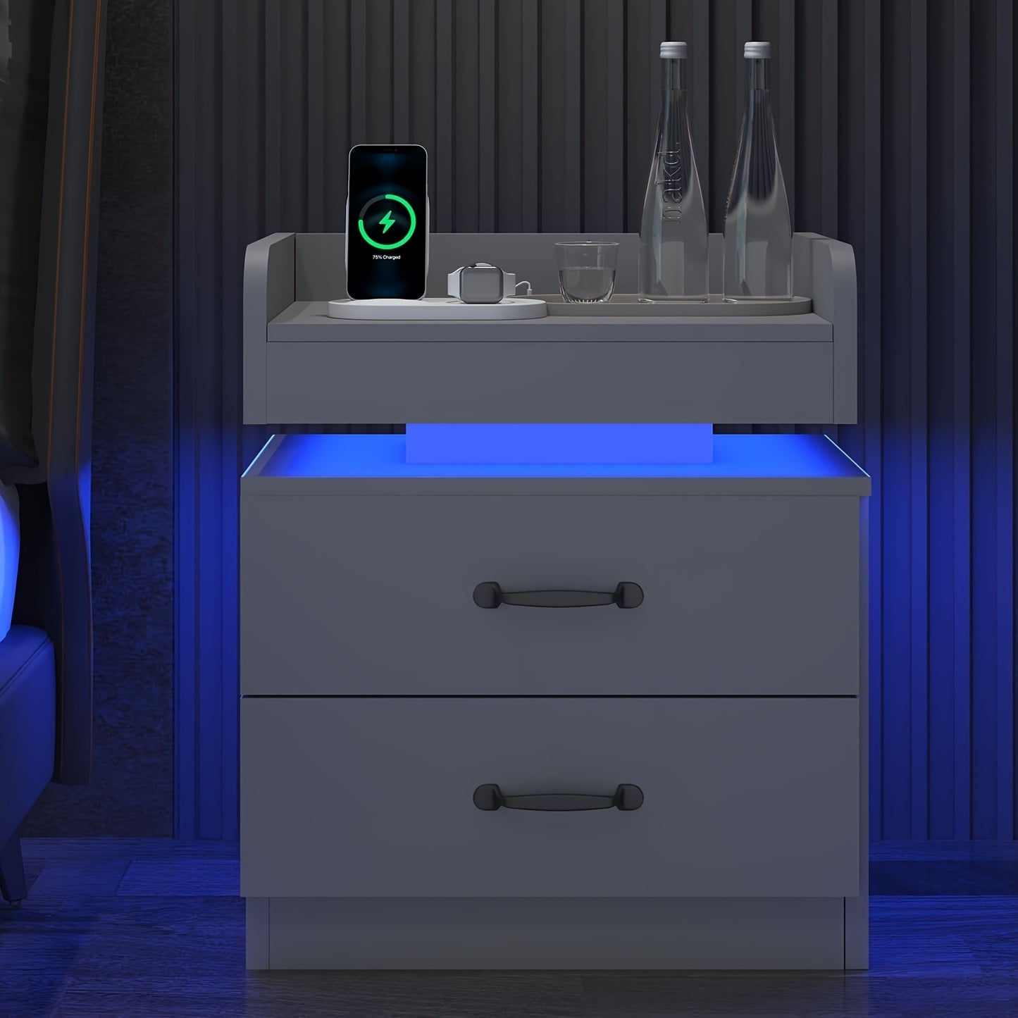 Nightstand With Charging Station And LED Lights Modern End Table With 2 Drawers