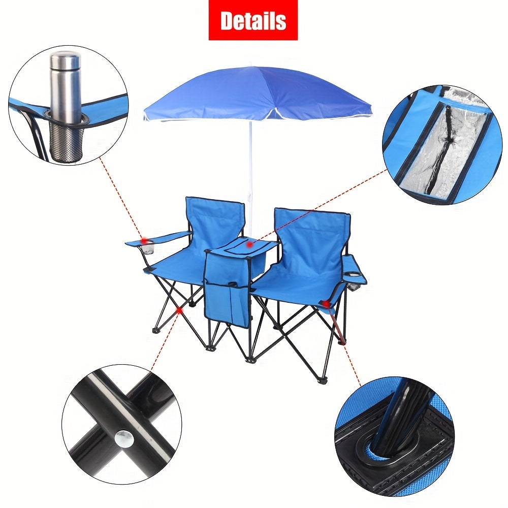 Outdoor Folding Chair 2 Seat Portable With Removable Sun Umbrella Blue
