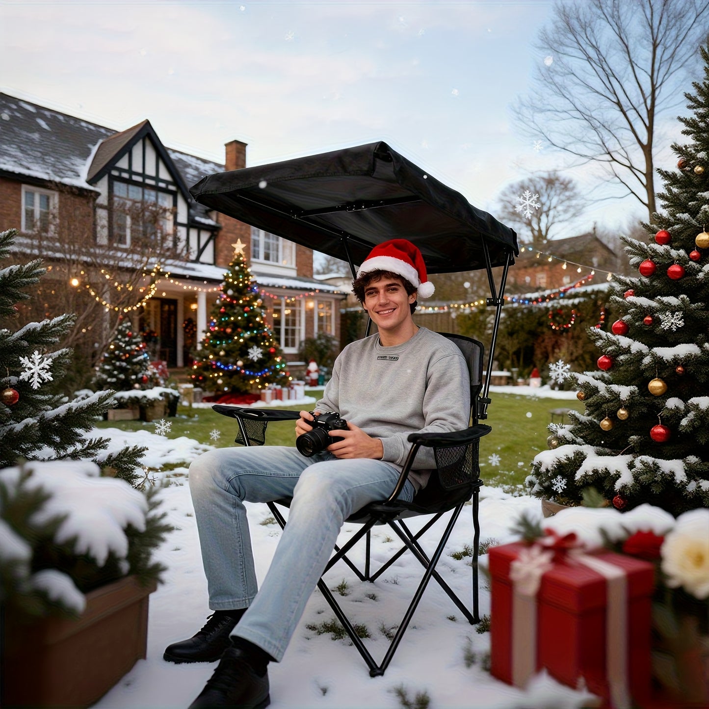 Foldable Portable Outdoor Chair With Shade Canopy And Side Pocket For Camping