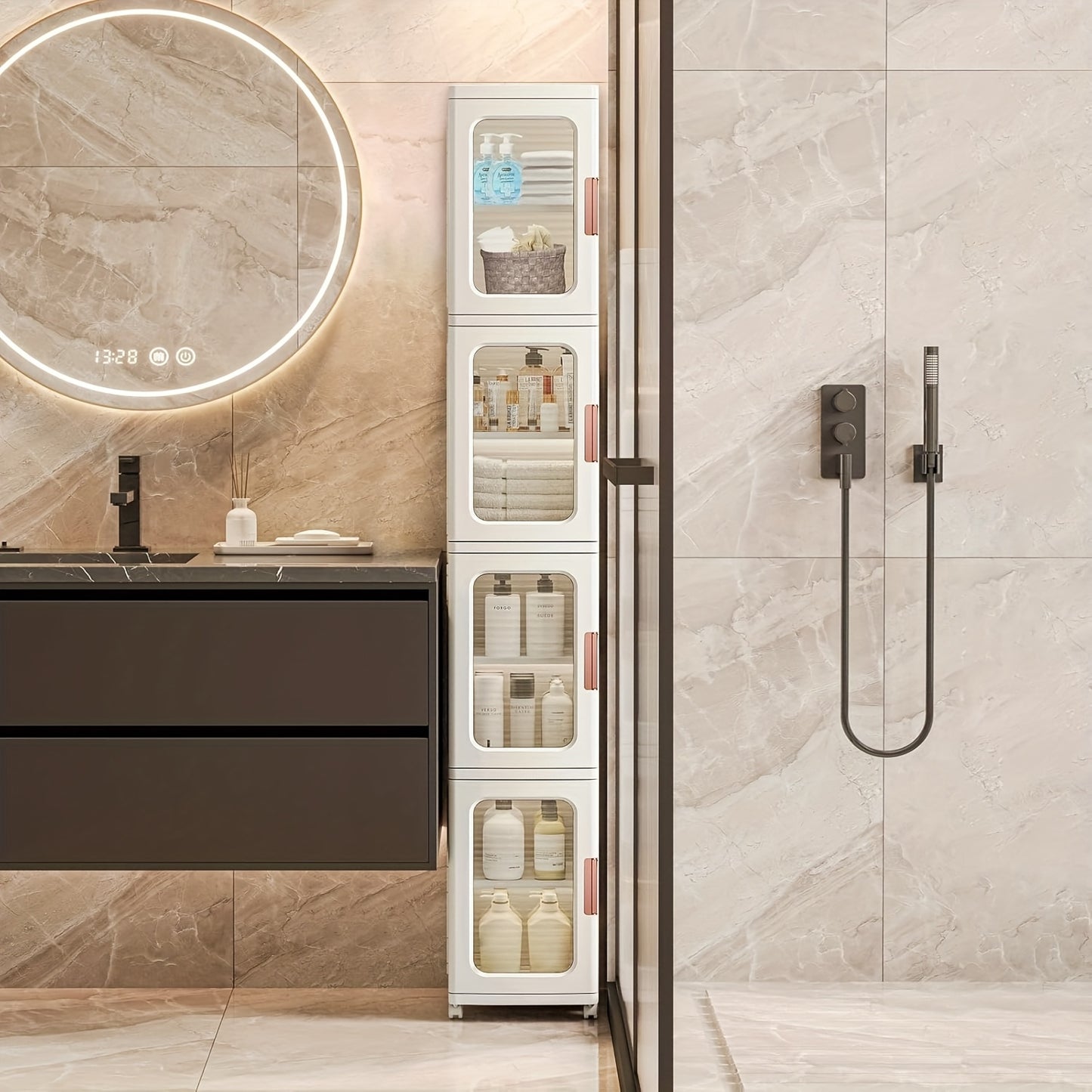 4 Layer White Adjustable Gap Cabinet With Transparent Door Movable Shelves