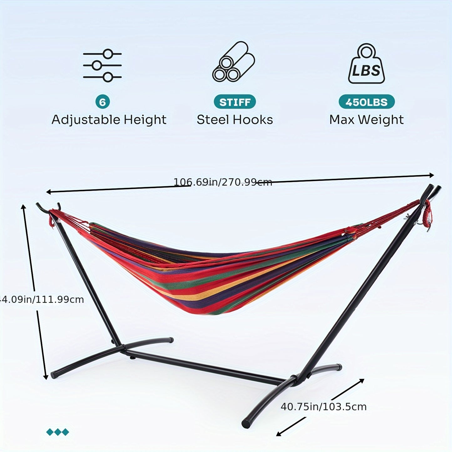 Double Hammock With Space Saving Stand Colorful Stripes 450lbs Capacity Portable