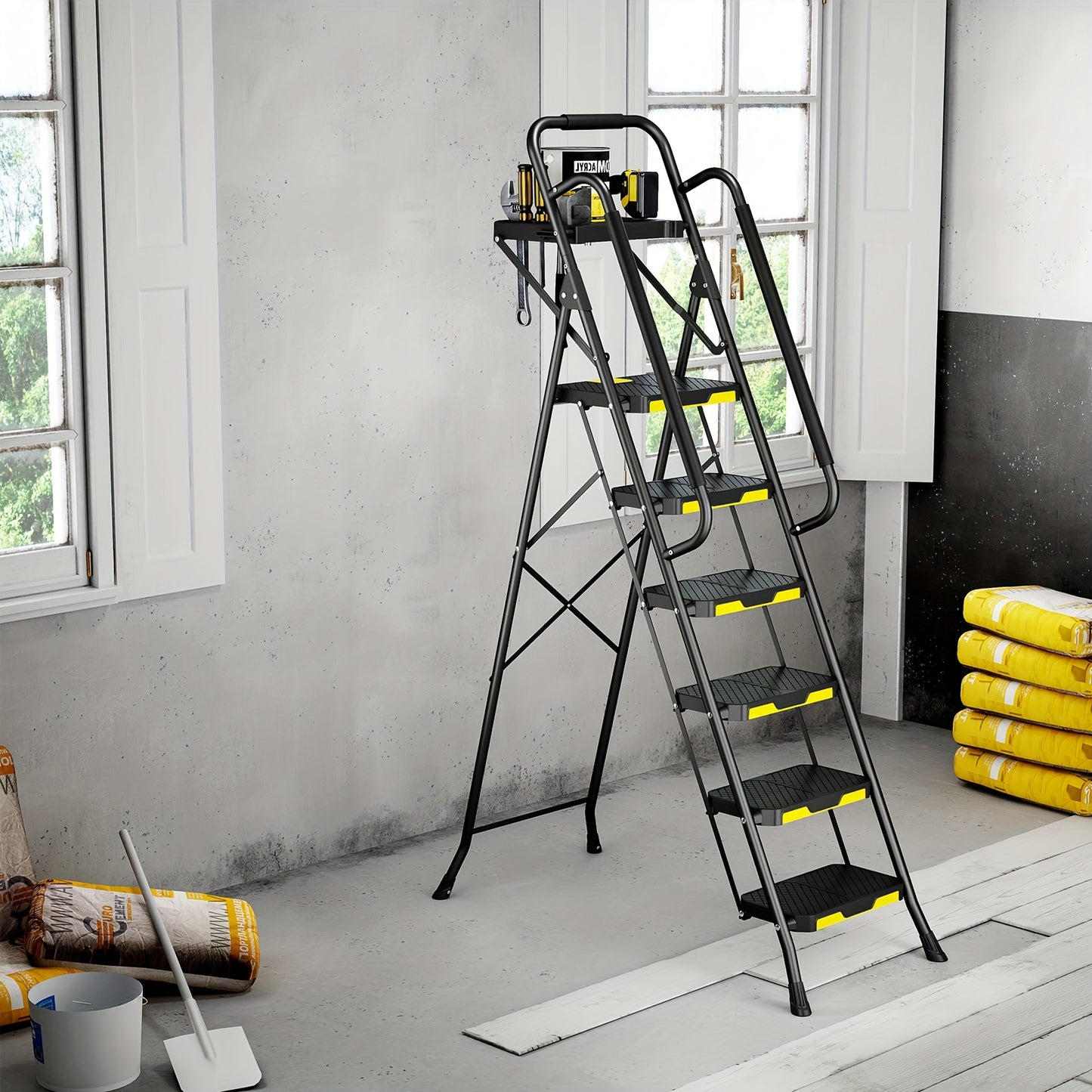 TOOLF 6 Step Ladder Tool Platform And Handrails 800 Lbs