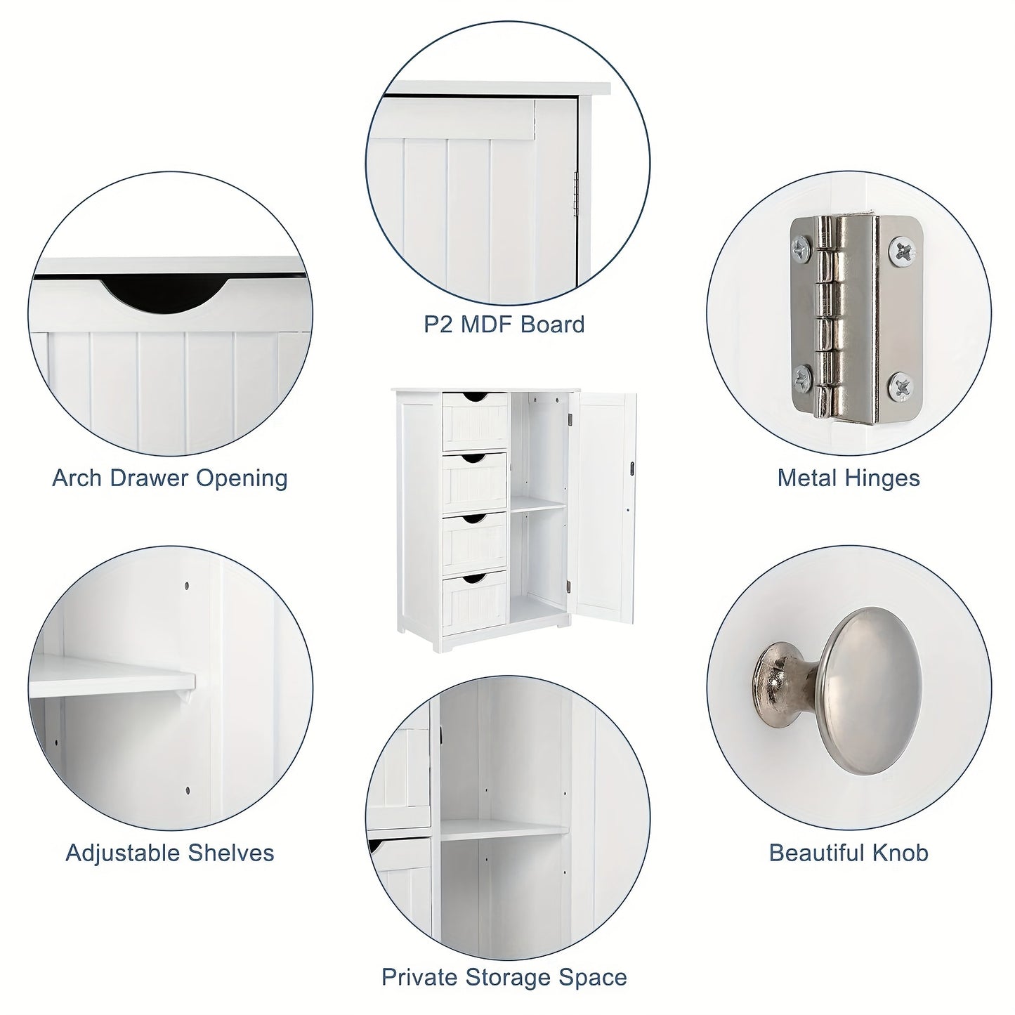 White Bathroom Storage Cabinet With Single Door And 4 Drawers