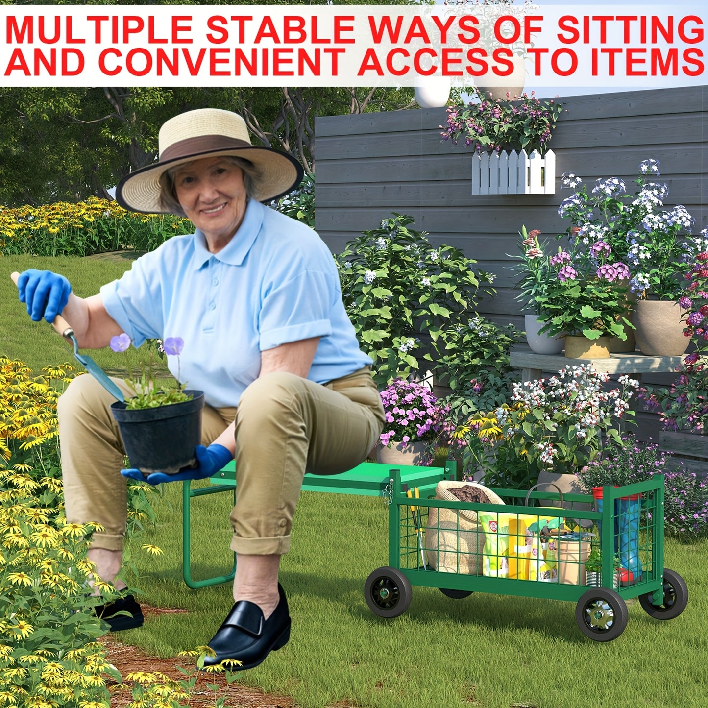 Heavy Duty Rolling Garden Seat Cart With Dual Position Seat And Storage Basket