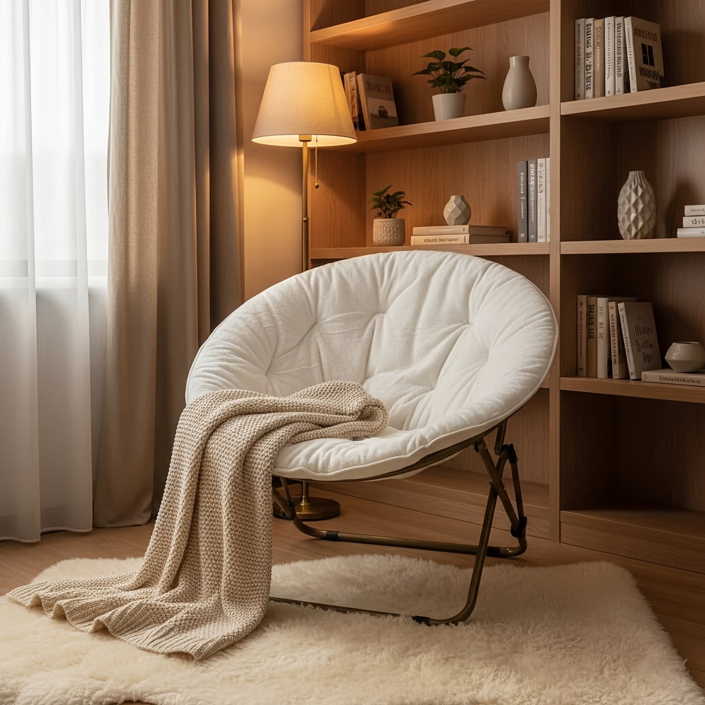 Faux Fur Saucer Chair XL Circle Seat For Bedroom Dorm And Gaming Foldable