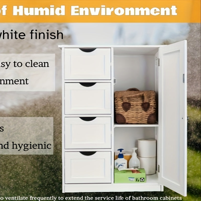 White Bathroom Storage Cabinet With Single Door And 4 Drawers
