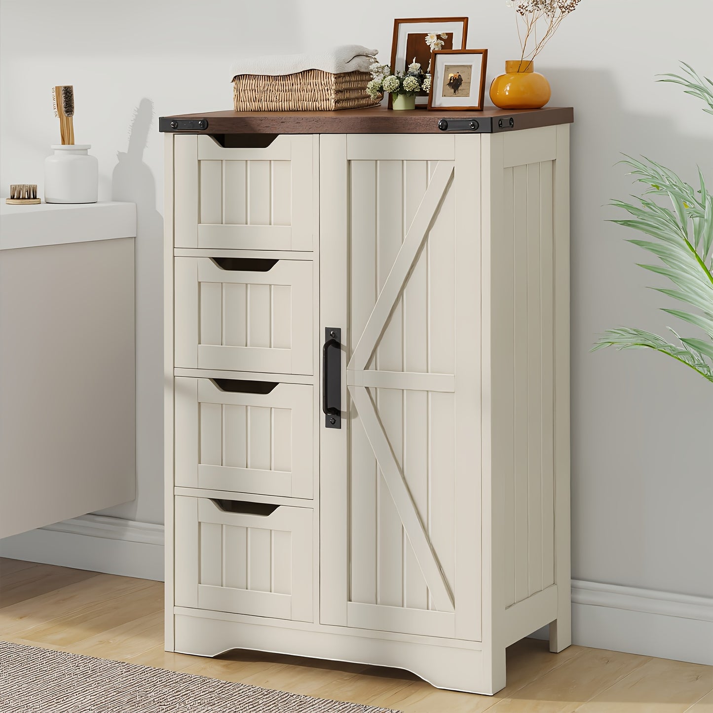White Freestanding Rustic Slim Bathroom Storage Cabinet With 4 Drawers And Door