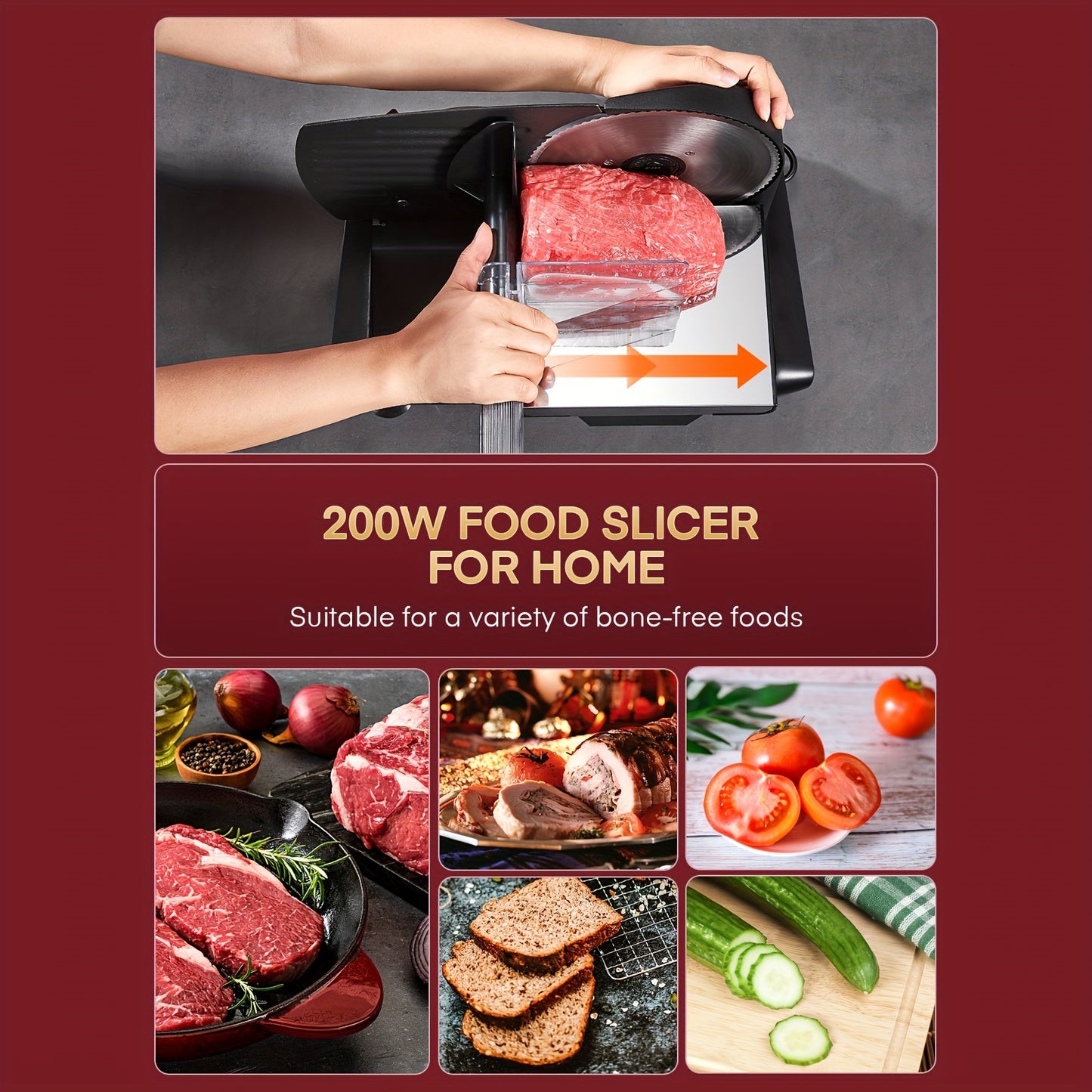 200W Electric Meat Slicer Stainless Steel 7.5 Inch Removable Blade Black